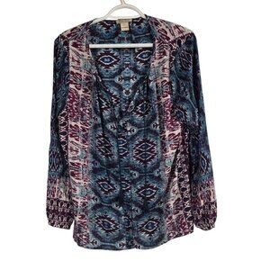 Lucky Brand Womens Large Blouse Boho Peasant Tassel Tie Long Sleeve Southwestern